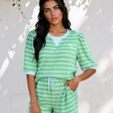 Sweet Escape Lounge Set Stripe Puff Short Sleeve T Shirt Matching Shorts Set - Green