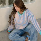 Baya Striped Contrast Trim Drop Shoulder Sweatshirt - Blue/Pink | Dropship