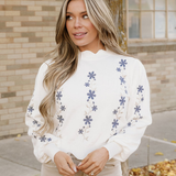 Polly Floral Embroidered Scallop Hem Cropped Sweater