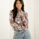 Raelynn Floral Print Mesh Mock Neck Slim Blouse - Brown