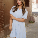 Mimi Button Up Short Puff Sleeve Tiered Shift Dress