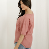 Caroline Exposed Seam Drop Sleeve V Neck Waffle Textured Top  - Rose