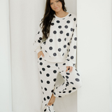 Polka Dot Print Drop Shoulder Pullover Drawstring Jogger Pant Set - Beige