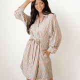 Serena Stripe Knot Waist Puff Sleeve Button Down Mini Shirt Dress