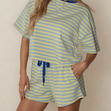 Elsa Stripe Drop Shoulder Boxy Casual Terry Short Set - Yellow
