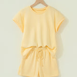 Yellow Eyelet Lace Patchwork Sleeve Short 2pcs Outfit