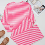 Amayah Stripe Drop Shoulder Round Neck Top and Buttoned Straight Pants Two Piece Set