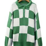 V Neck Checkered Sweater - Green