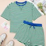 PREORDER - Elsa Stripe Drop Shoulder Boxy Casual Terry Short Set - Green