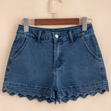 Scalloped Hemline Light Wash Denim Shorts - Blue
