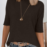 Burgundy Ribbed Trim High Neck Short Sleeve Casual Sweater