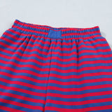 Stay Awhile Set Stripe Striped Ribbed Cotton Two-Piece Short Set with Chest Patch Detail - Red
