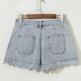 Scalloped Hemline Light Wash Denim Shorts - Dusk Blue
