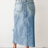 Kendall Distressed Hem Denim Midi Skirt - Light Wash
