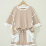 Easy Days Set Raw Edge Color Block Patchwork Oversize Tee Drawstring Loose Shorts 2pcs Set