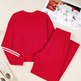 Varsity Pullover Wide Leg Pants 2pcs Outfit - Red | Dropship