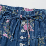 Monroe Floral Print Tie Elastic Waist Wide Leg Jeans