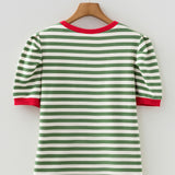 Kimberly Stripe Short Puff Sleeve Contrast Trim Round Neck Tee - Green