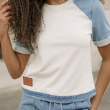 Denim Color Block Patchwork Round Neck Tee