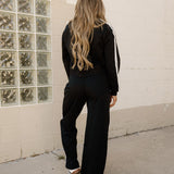 Varsity Pullover Wide Leg Pants 2pcs Outfit - Black | Dropship