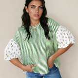 Aviva Puff Sleeve Patchwork Round Neck Loose Top - Green