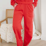 Fiery Red Varsity Striped Detail Crewneck Pullover Elastic Sweatpants 2pcs Outfit