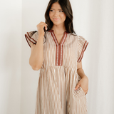 Nyla Double Ruffled Short Sleeve Contrast Trim V Neck Midi Dress - Brown