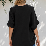 Capri Frayed Batwing Sleeve Textured Cotton Blouse - Black
