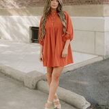 Sutton Corduroy Snap Buttons Empire Waist Bracelet Sleeve Dress