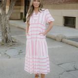 Tiffany Stripe Ricrac Trim Notched Neck Half Sleeve Vacation Dress