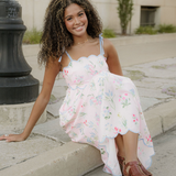 Laylani Floral Print Contrast Trim Self-tie Straps High Waist Midi Dress