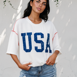 All American USA Graphic Half Sleeve Loose Ribbed Top - White