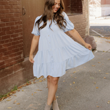 Mimi Button Up Short Puff Sleeve Tiered Shift Dress