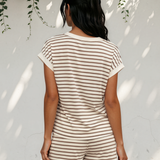 Meet Me Downtown Set Stripe Half Buttons Top and Shorts Set - Brown