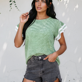 Vienna Twilled Print Lace Trim Ruffled Short Sleeve Blouse - Green