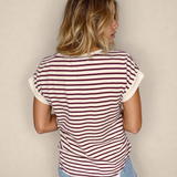 PREORDER Maisie Stripe Half Buttons Round Neck T Shirt - Red | Dropship