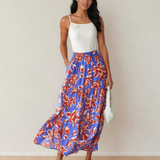 Alethea Bohemian Floral Print Tiered Maxi Skirt with Split - Blue