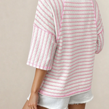 PREORDER Noelle Textured Knit Split Hem Half Sleeve Loose Top - Pink | Dropship