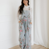 Scottie Floral Print Pleated High Waist Wide Leg Denim Jumpsuit