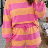 Pink Stripe Long Sleeve Casual Top Drawstring Shorts 2pcs Set