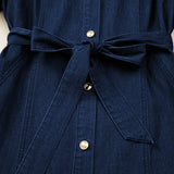 Giselle Full Buttons Collared Short Bubble Sleeve Long Denim Dress - Dark Wash