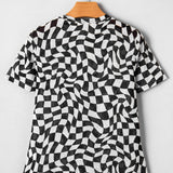 Sheer Checkered Mock Neck Mesh Short Sleeve