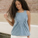 Goldie Denim Pleated Patchwork Sleeveless Top