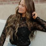 Black Bow Pattern Long Sleeve Slim Fit Mesh Top