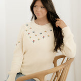 Gemma Mixed Texture Knit Flower Embroidered Detail Casual Sweater