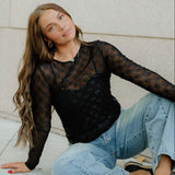 Black Bow Pattern Long Sleeve Slim Fit Mesh Top