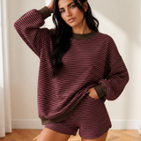 Eden Stripe Ribbed Patchwork Mock Neck Baggy Pullover Matching Shorts Set