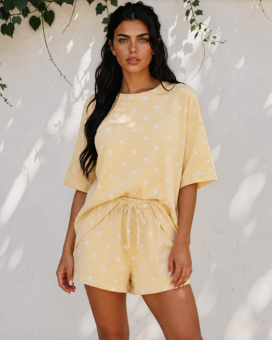 Dottie Short Sleeve Loose Top Drawstring Shorts Set