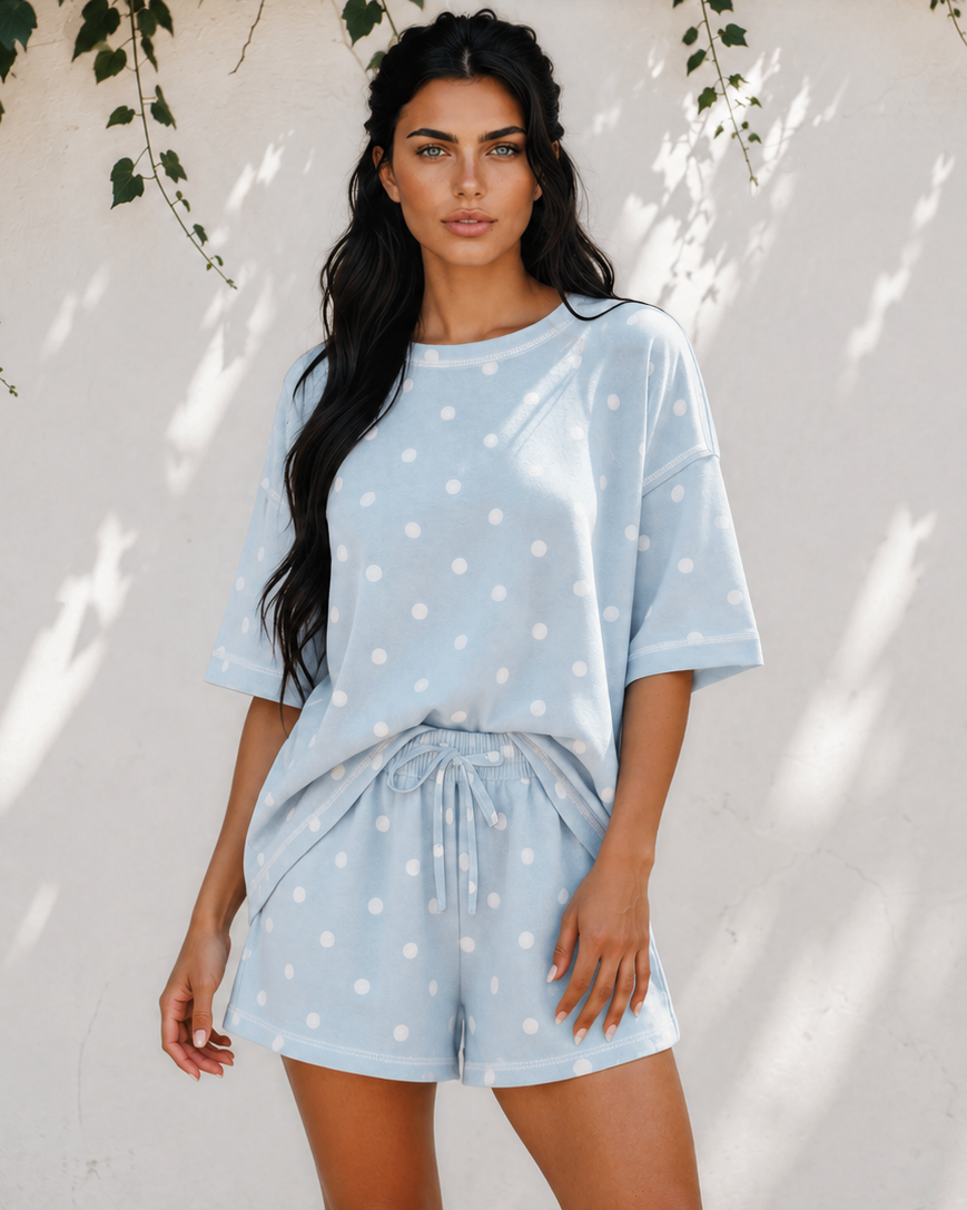 Dottie Short Sleeve Loose Top Drawstring Shorts Set