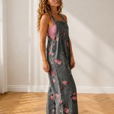 Scottie Floral Print Pleated High Waist Wide Leg Denim Jumpsuit